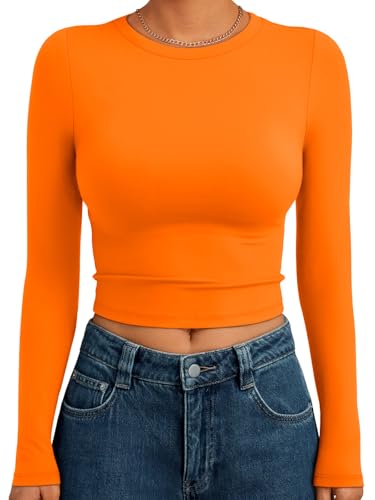 Trendy Queen Womens Long Sleeve Crop Tops Basic Slim Fitted Shirts Casual Fashion 2025 Going Out Y2k Tops Teen Girl Clothes Orange L