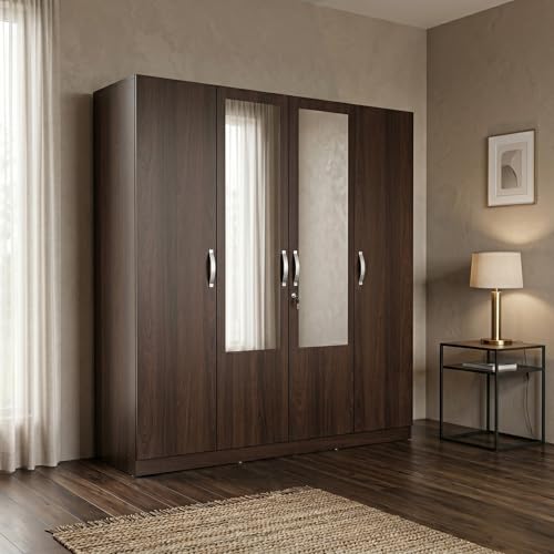 Image of HomeTown Willy Plus 4 Door Wardrobe Walnut (Brown)| Large Wooden Almirah for Bedroom Storage | 4 Door Closet Cabinet | Wardrobe Furniture India