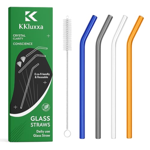 Image of KiKiluxxa Glass Straws with Cleaning Brush -4 Multicolour Straws & 1 Cleaner - Pack of 5pcs- Clear Reusable, Elegant Alternate to for Drinking Juice, Smoothie Black - Brown - White - Blue (CW4+1)