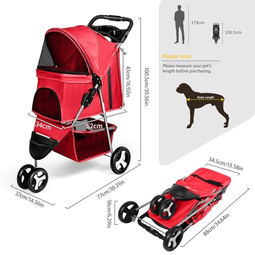 BAMFY 3 Rodas Carro Pet Para Caes Dobrável, Carrinho De Passeio Pet Com Janelas De Malha E Porta-Cop