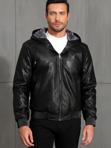 MANSDOUR Men's Faux Leather Jacket Warm Black Fleece Lined Motorcycle Bomber Jacket with Hood3