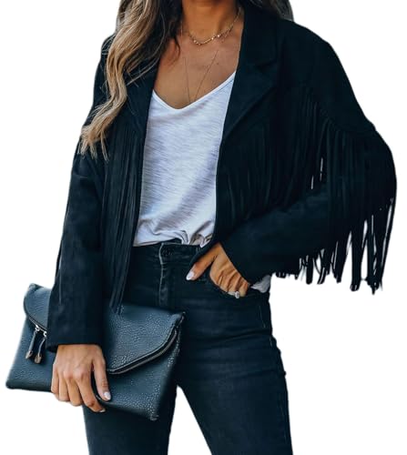 Bibowa Faux Leather Jackets for Women Trendy Cowgirl Outfits Fall Western Fringe Cropped Jacket 2025 Tassel Motorcycle Crop Coats Winter Black M