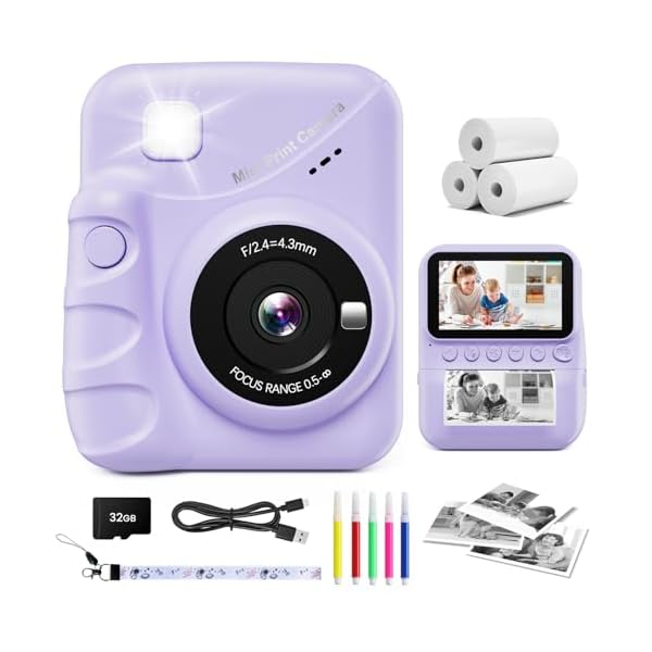 Kids Camera Instant Print, 3.0” Screen 48MP Photo Instant Camera for Kids with 32GB Card, 1080P HD Digital Child Printable Camera, Gift for 3-12 Year Old Girls Boys (Purple)