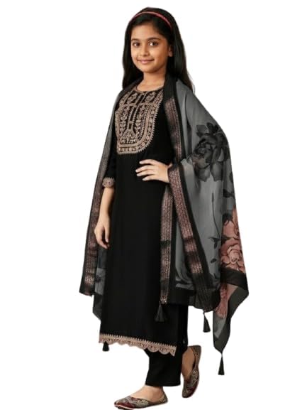 Image of Girls Ethnic Embroidered Silk Kurta Pant and Jacquard Dupatta Set | Kids Salwar Suit | three piece Traditional Outfit