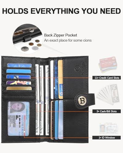 Image of BOSTANTEN Slim Wallet Women Leather RFID Blocking Credit Card Holder Bifold Thin Wallet with Zipper Pocket Black
