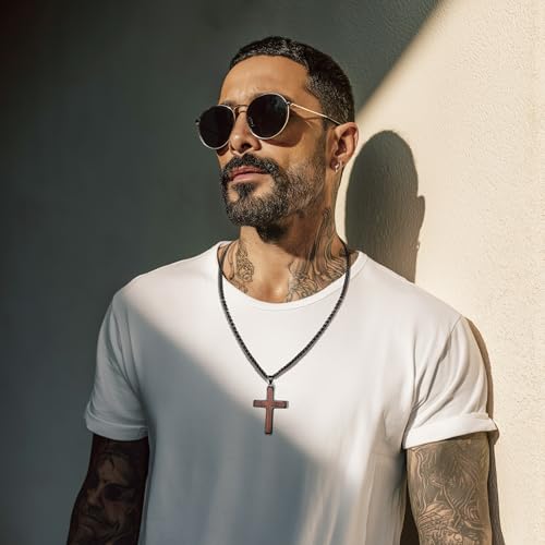 Mens Wooden Cross Necklace, Handmade Real Ebony Wood Cross Pendant for Men, Christian Crucifix Cross Necklace for Men, 24 Inch Stainless Steel Box Chain2