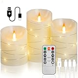 haitanghua Ivory White Rechargeable Flameless LED Candles 3Pcs (4/5/6') Real Wax with String Lights, Remote & Timer, Safe Realistic 3D Flame for Spring Decor, Easter, Home & Bedroom
