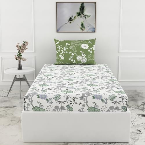 Image of LORETO - A QUALITY LINEN BRAND 144 TC 100% Pure Cotton Single Fitted Bedsheet with 1 Pillow Cover for 72 x 36 Inch Mattress, All-Around Elastic, 8 Inch Deep Pocket, Sage Green Floral Harmony