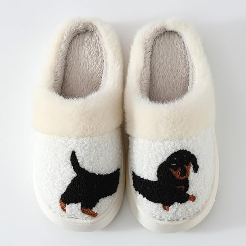 ZNEL Hausschuhe Schwarz Dackel Muster Karikatur Tier Dicke Sohle,Pantoffeln Memory Foam Kuschelige Plüsch Pantoffel Paar Indoor Haushalt(38/39 EU, White)