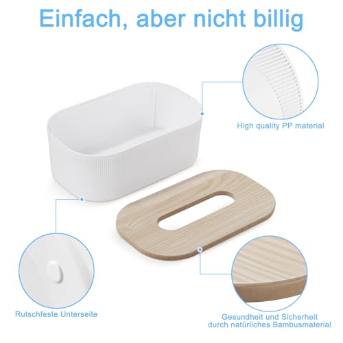 Voency Kosmetiktücherbox, 21×13×7cm PP Material Taschentuchbox,Tücherbox mit Holzdeckel, modernes Design Taschentuchbox für Esszimmer Badezimmer Schlafzimmer Büro Couchtisch Auto, weiß