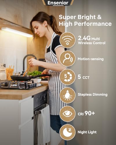 Ensenior 12 Inch Hand Wave LED Under Cabinet Lighting Plug in or Hardwired with Dimmable 5CCT CRI 90+ 2.4G Wireless Sync, Under Counter Lights with for Kitchen, 120V, 8W 500LM