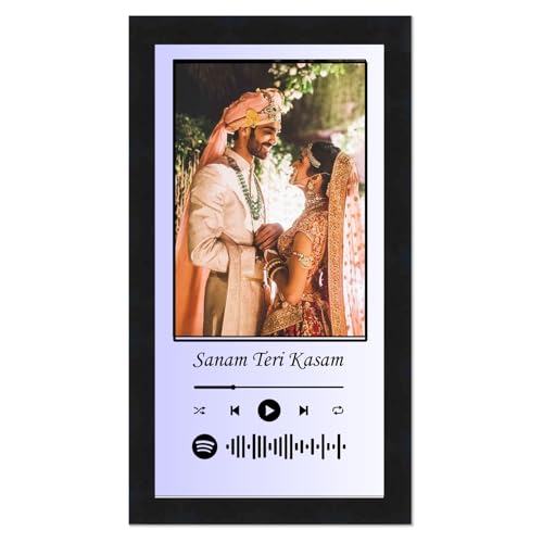 Image of Personalized Gift Musical Wall Rectangular Photo Frame - Customized Spotify Song With Scanable Barcode For Wedding And Couple Gifts - Size (6X12) Inch, Purple & White | 1 Piece Rectangle, Wood