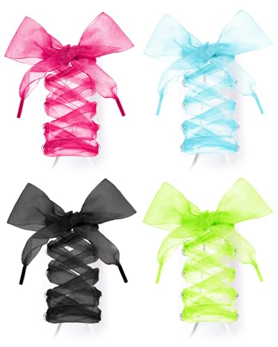 Pineraap 4 paia di scarpe da ginnastica in chiffon di seta con nastro di raso morbido casual piatto, per ragazzi e donne, 119,4 cm, Rosa rossa, nero, azzurro, giallo fluorescente, 1.57inch