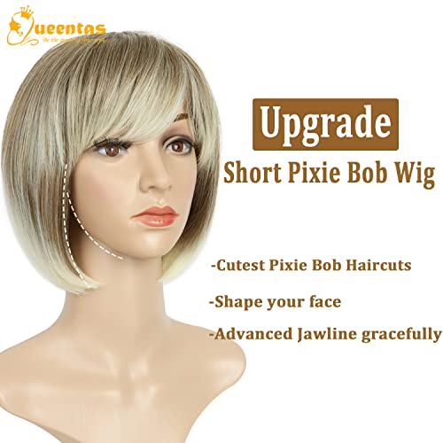 Queentas Short Blonde Wigs For White Women Pixie Short Bob Wig With Bangs Pixie Short Blonde Wig With Bangs Pixie Cut Wig #TOP2