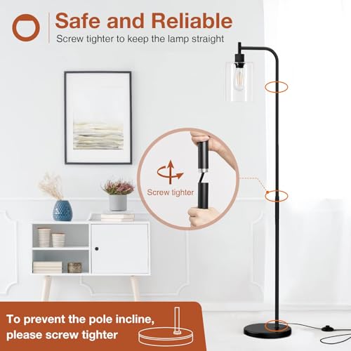 addlon Floor Lamps for Living Room Bright Lighting with Glass lampshade, Modern Bright Floor Lamp with LED Bulbs Industrial Standing lamp for beroom, Tall Pole Lamps Office - Black - Image 6