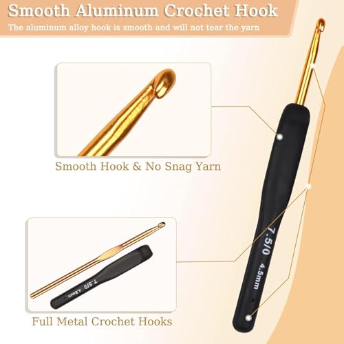 Image of Ergonomic Crochet Hook Set with Soft Grip Handles (2.0-6.0mm) - Black & Gold Aluminum Crochet Hooks for Arthritic Hands, Complete Beginner Crochet Kit with Yarn, Stitch Markers, Needles & Scissors (gold hook kit)