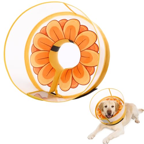 Image of Inflatable Dog Cone Collar with Enhanced Anti-Licking, Soft Neck Donut for Dogs Cats, Recovery Pet Cone Collar After Surgery for Large Medium Small Dogs (Yellow Flower, X-Large)