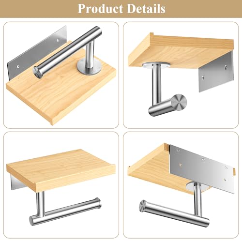 Image of Tindbea Toilet Paper Holder with Wood Shelf, Wooden Wall Mount Tissue Paper Roll Holder, Brushed Nickel Stainless Steel Bathroom Accessories Decor for Home (Maple, Brushed Nickel)