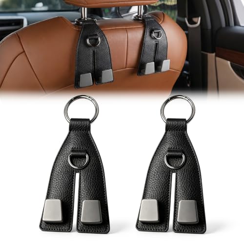 Image of Premium Leather Wrapped Design (Black, 2pcs) | Double Hook Storage | Space Saving Car Organizer | Easy Headrest Installation