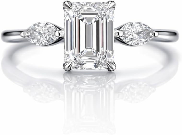 Emerald Cut Moissanite Three Stone Engagement Ring for Women 14K White Gold Marquise Side Stone Solitaire Promise Ring Fine Jewelry Gift