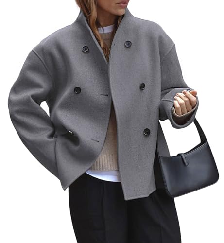 Image of CHARTOU Women Winter Stand Collar Wool Blend Jacket Double Breasted Pea Coat Button Cropped Trench Coat Overcoat (Medium,Grey)