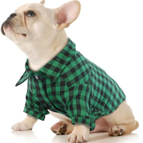 IECOii Dog Shirt, Classic Green Plaid Dog T-Shirt, Green Buffalo Dog Summer Clothes with Buttons Closure, Two-Legged Dog Cat Cardigan for All Seasons, Soft Breathable Pet Clothes for Cats Small Dogs