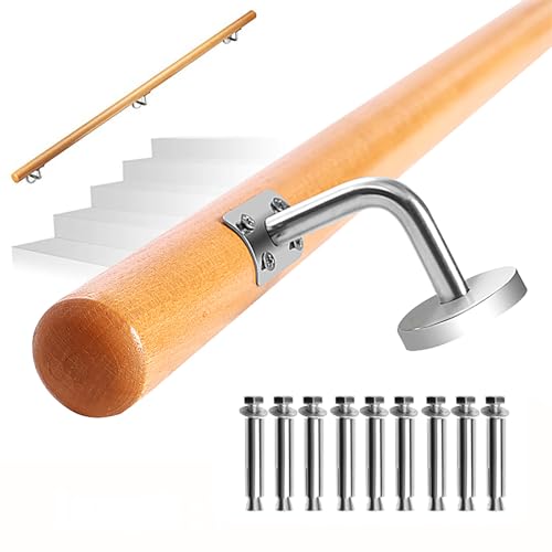 INMOZATA Handrails for Stairs, 200CM/6.6FT Wall Mount Wooden Handrail, Round Hand Rails Stairs with Metal Barckets, Safety Grab Bar Porch Stair Handrail