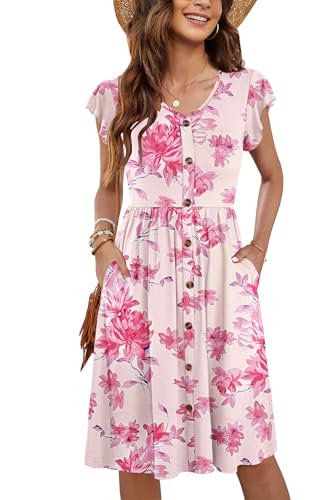 MOLERANI Freizeitkleider Damen Sommer Rüschen Ärmel V-Ausschnitt Casual Swing Elastische Taille Midi Kleid mit Taschen Rosa Blume L