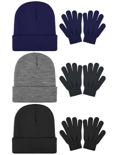 Image of Cooraby 6 Pack Kid's Winter Beanies Hat Full Fingers Gloves Set Skull Winter Caps Stretchy Gloves for Boys Girls