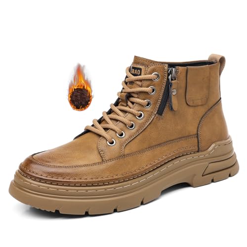 Image of Men'S Leather Chukka Boot With Side Zipper Round Toe Comfort Fleece-Lined Anti-Slip Platform Lace-Up Casual Oxford Boots For Hiking Travel Motorcycle