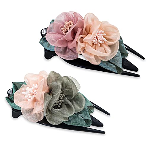 2Pcs Mesh Double Flower French Clip, Side Slide Hair Clips, Concord Curved Duckbill Hair Clips, Floral Hair Barrettes Claw For Women Girl Thick Long Hair (Pink, Gray) #TOP7