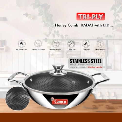 Image of Camro Kadai with Glass Lid 6.7 Litre 32 Cm| Honeycomb Triply Kadhai for Cooking | Curry Stir-Fry Deep Fry Dry Veg | Cookware kadai with Steel Handle |Non Stick kadhai for Frying |Induction Base & Gas