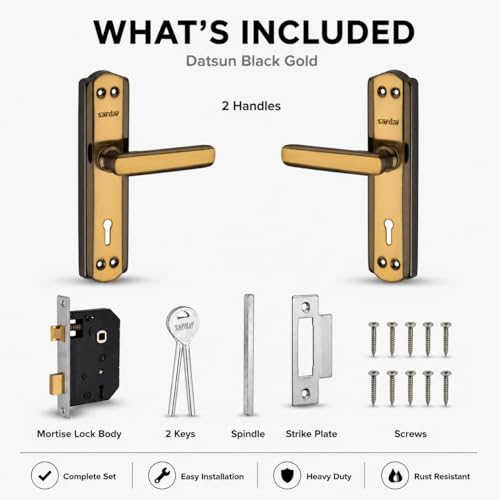 Image of SARDAR Black & Gold 7 Inch Iron Mortise Door Handle Lock Set for Main Door & Bedroom | Heavy Duty Premium Complete Fitting Set | DatsunBGold