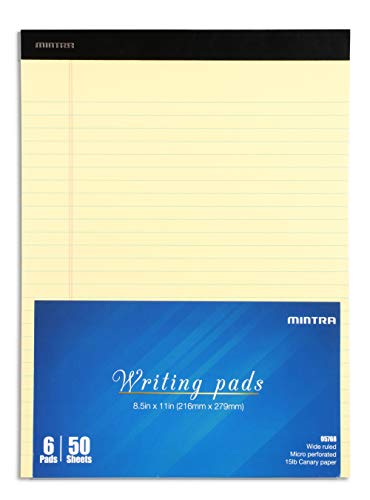 Image of Mintra Office Canary Legal Pads - With Micro-perforated sheets, Smooth-lined paper, Ideal for Office Tasks, Assignments or Notes, Meetings, and Journaling, 6 pack Wide Ruled, Basic Pad, 8.5 inchx11 inch
