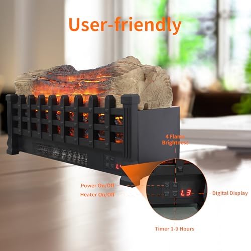21" Electric Fireplace Log Set, Fireplace Insert with Realistic Flame, Adjustable Flame Brightness, Thermostat, 9H Timer, Remote Control, Overheating Protection, 1400W - Thumbnail 2