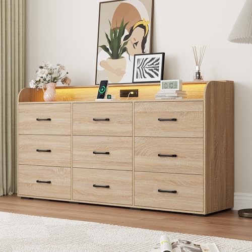 9 Drawers Dresser for Bedroom, 63" Wood Dresser with Power