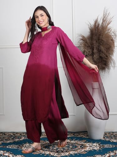 Image of Women's Lucknowi Chikankari Hand-Embroidered Rayon Dyed Kurta, Palazzo & Dupatta 3-Piece Set | Festive, Ethnic & Casual Suit