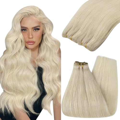 YoungSee Weft Hair Extensions Platinum Blonde Hand Tied Sew in Hair Extensions Real Human Hair Dyable Sew in Extensions Straight Hair for Long-term Wear 16 Inch 100g