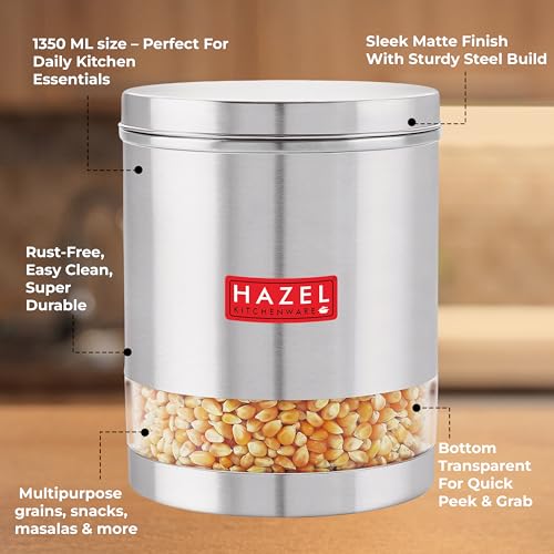 Image of HAZEL Stainless Steel Transparent Wide Mouth Container, 1350 ml Kitchen Storage Jars, Set of 2
