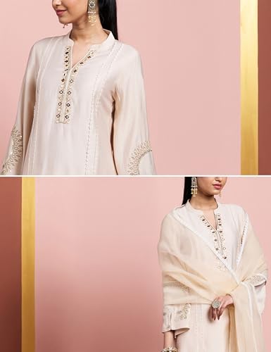 Image of Amazon Brand - Myx Women's Embroidered Kurta Pant Set with Organza Dupatta | Salwar Suit (Available in Plus Sizes)