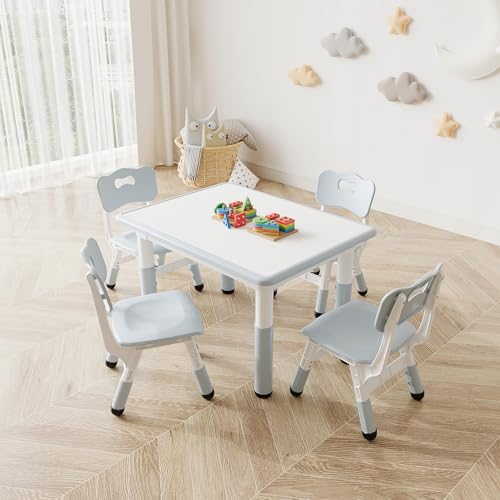 OPULENTHOME Mesa infantil con silla – Altura ajustable, escritorio infantil con 4 sillas, diseño antideslizante, conjunto de escritorio para dormitorio y sala de clases de jardín (gris) - imagen 2