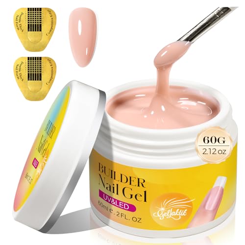 Builder Gel for Nails, 60g Nude Hard Gel for Nail Extension with 10 Nail Forms, Strengthener & Thickening, UV LED Lamp Cured Sculpture, Repair Broken Nails, Salon DIY Manicure Kit