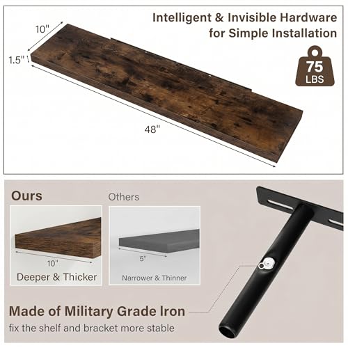 Image of Acovy 10 inch Extra Deep Floating Shelves for Wall, 48 inch Long Wood Wall Shelves Set of 1 for Bathroom Bedroom Kitchen Living Room Laundry Room, Modern Floating Shelf for Home Decor