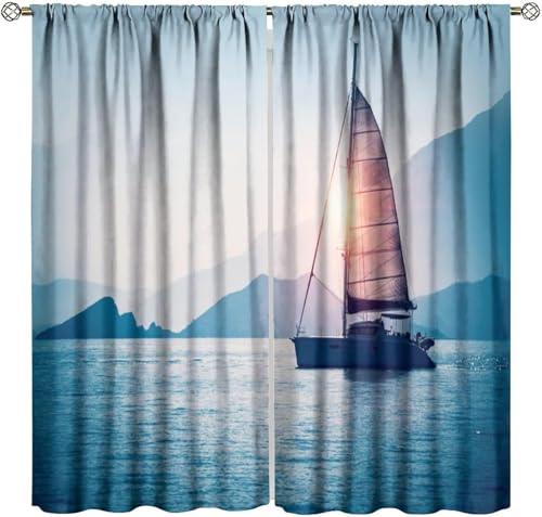 3D Rideau Occultant Rideaux Thermique Isolant Paysage De Bateau À Voile Rideau De Fenêtre Phonique en Polyester pour Chambre Enfant Adulte Cuisine Salon...