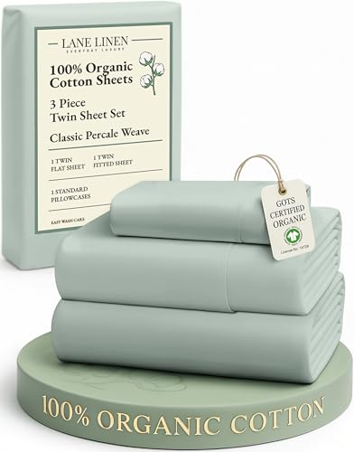 Image of LANE LINEN 100% Organic Cotton Twin Bed Sheet Set, Soft & Comfy Low Pill Fade Resistant Machine Wash Reinforsed French Seam Sustainably Produced Eco Friendly Sabanas Twin- Cool Blue