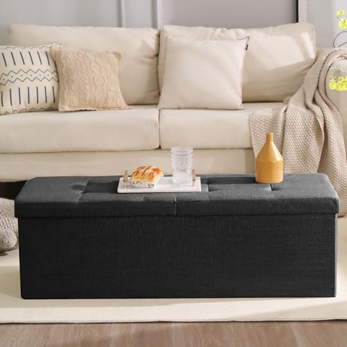 Image of Storage Ottoman Bench Foldable Footrest Foot Stool, 45 inch Fabric Black | Small Ottoman Foot Rest Seat Shoe Bench Flip-Top forliving Room End of Bed Bedroom Couch Dorm 166L Folding Upholstered Chair