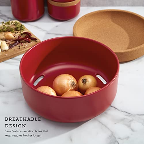 Image of Ceramic and Cork Large Breathable Produce Bowl with Lid to Naturally Extends Produce Freshness, Natural Cork and Red Ceramic