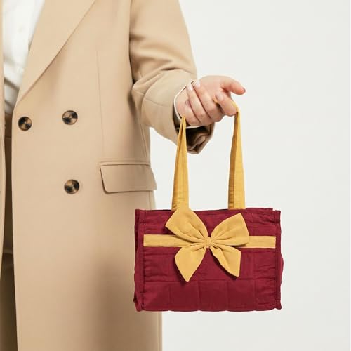 Image of Kuber Industries Cotton Hand Bag for Woman with Zip Closure | Ladies Purse | Multipurpose Party and Wedding Ladies Hand Purse | Bow Design - Maroon