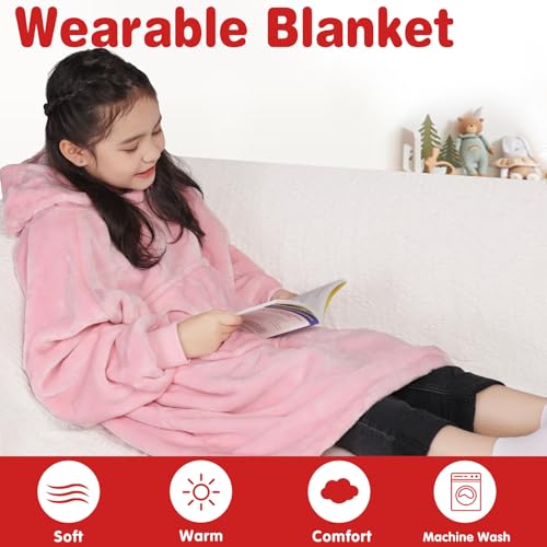 Image of Waitu Wearable Blanket for Kids, Wearable Blanket Hoodie Gifts for Teens Girls and Boys, Warm Blanket Sweatshirt for Teenage, Hoodie Blanket with Sleeves - Bright Pink