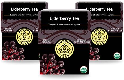 Buddha Teas Organic Elderberry Tea - Kosher, Caffeine-Free, GMO-Free - 18 Bleach-Tea Bags, Pack of 3